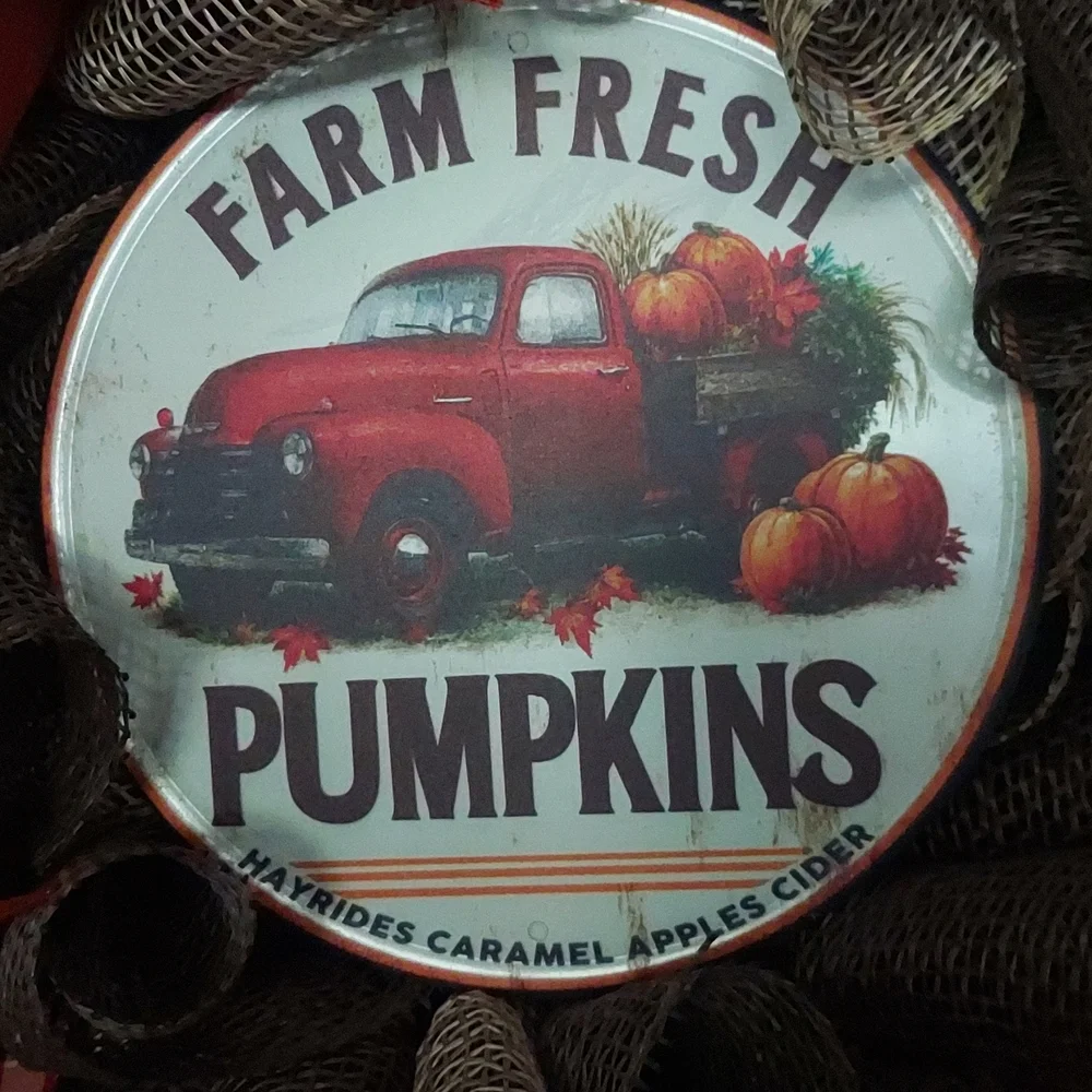 Rustic Farm Fresh Pumpkins Wreath with Red and Brown Ribbons